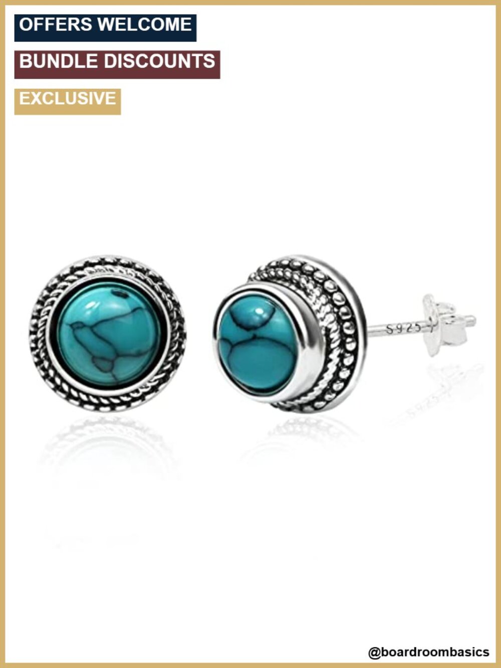 Tibetan Turquoise Stud Earrings 925 Sterling Silver Post Boho Handmade